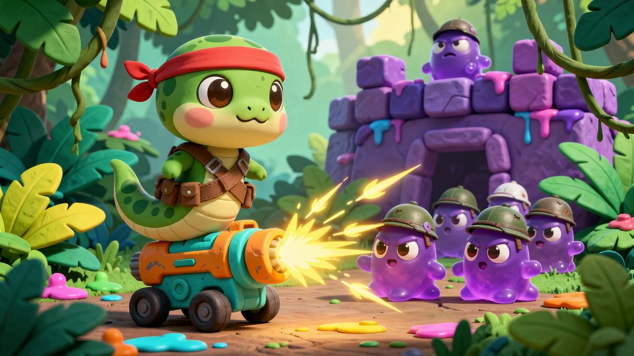 Noodle the commando snake riding a blaster cannon and firing at purple goo aliens